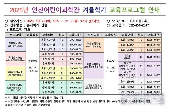 인천시설공단 인천어린이과학관은 이달 28일 오전 10시부터 「겨울학기 교육프로그램」의 접수를 시작한다.