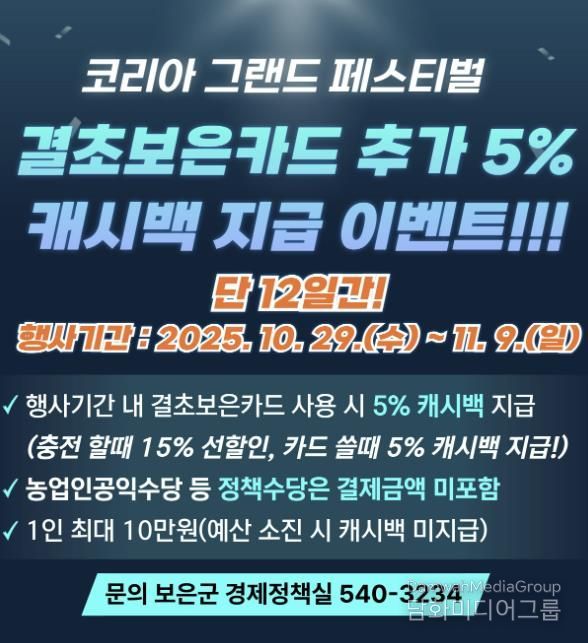 보은군, 결초보은카드 결제 시 5% 캐시백 제공