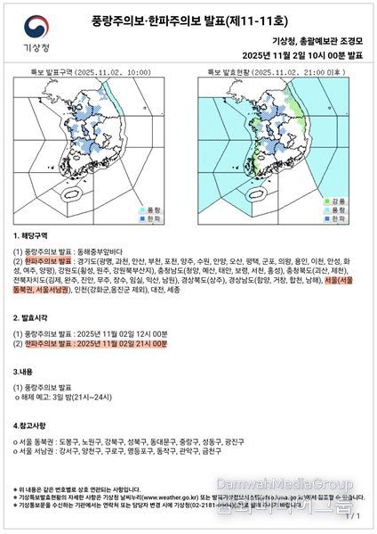 한파주의보 발표현황('25.11.02. 오전 10시)