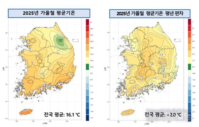 2025년 가을철 전국 평균기온 및 평년 대비 편차 분포도