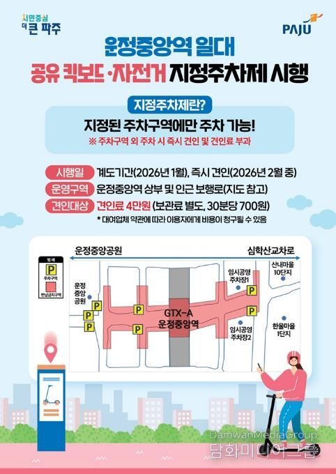 파주시, 운정중앙역 일대 공유 이동장치 ‘지정주차제’ 시행