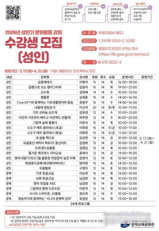 삼척교육문화관 상반기 문화활동강좌 수강생 모집