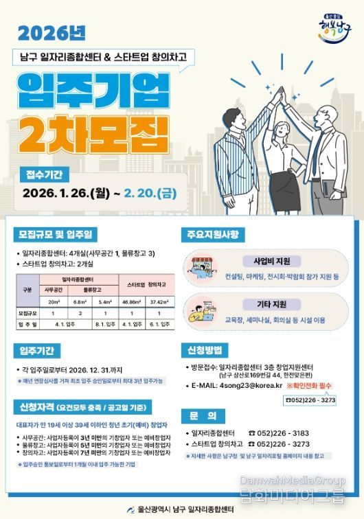 일자리종합센터 4개실, 스타트업 창의차고 2개실 모집