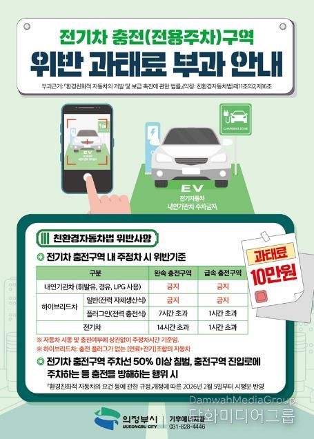 의정부시, 전기차 충전구역 주차 위반하면 '과태료 10만 원'