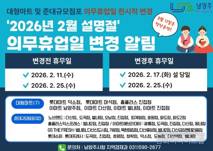 남양주시, 설 명절 맞아 대형마트 의무휴업일 한시적 변경