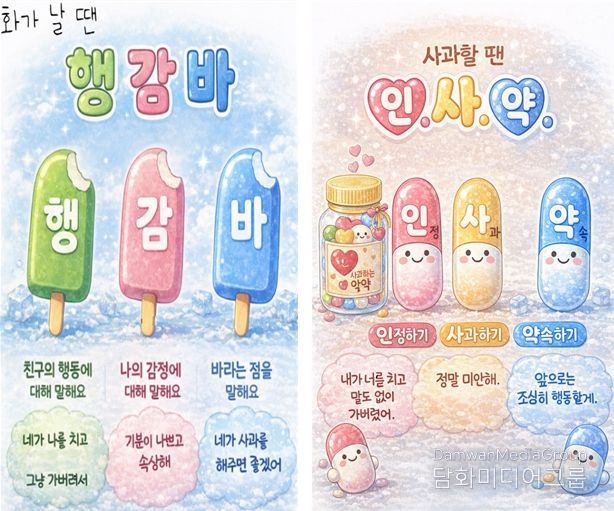 ‘행감바 인사약 포스터’는 인성교육 꾸러미 자료 중 하나로 학생들이 화가날 때 사과할 때 대화하는 방법을 이미지와 글로 나타낸 자료이다.