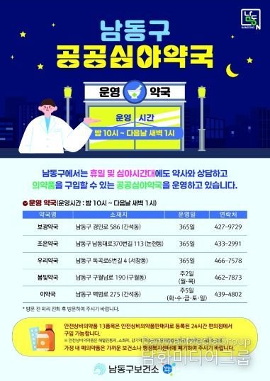 남동구, 연중무휴 새벽 1시까지 여는 공공심야약국 운영