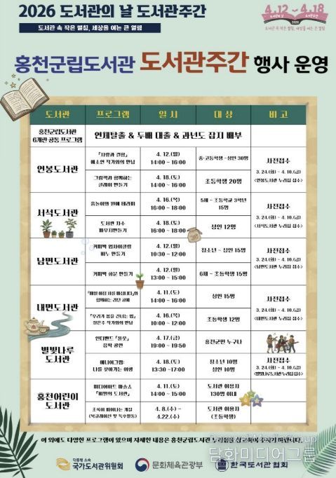 2026년 홍천 군립 도서관 도서관 주간 운영 홍보 포스터