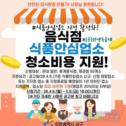 인천 서구, 음식점 식품안심업소 ‘청소비 지원’ 으로 문턱 낮춘다